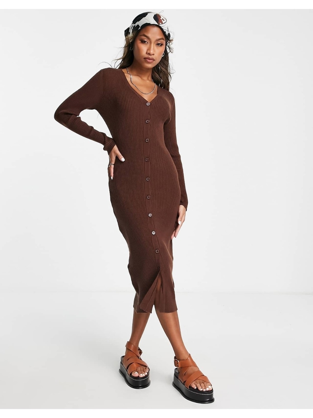 Long Sleeve Brown Ribbed Button-Front Midi Dress